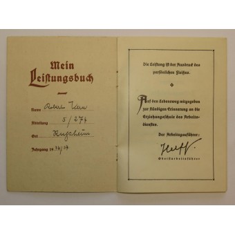 Achievementboek voor soldaat in RAD GAU7 Baden, eenheid 5/274. Espenlaub militaria